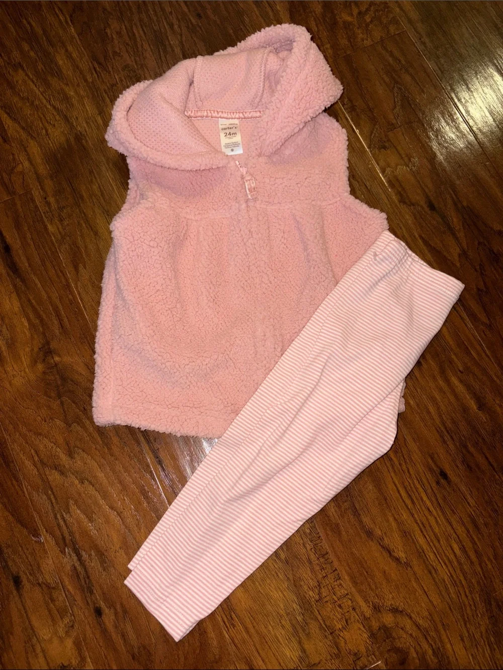 Carter's Pink Sherpa Hooded Vest and Striped Leggings 24 Months